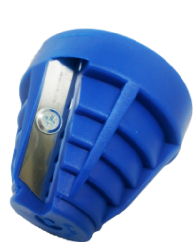  Sininen kartiomainen työkalu, jossa metalliterä 