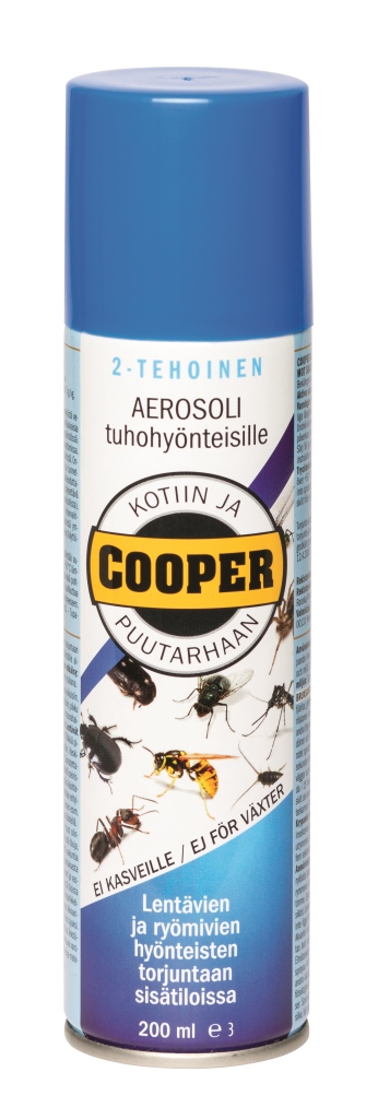  Sini-valkoinen metallinen spray-pullo, sinisellä korkilla. Pullon keskiosassa muurahaisen kuvia 