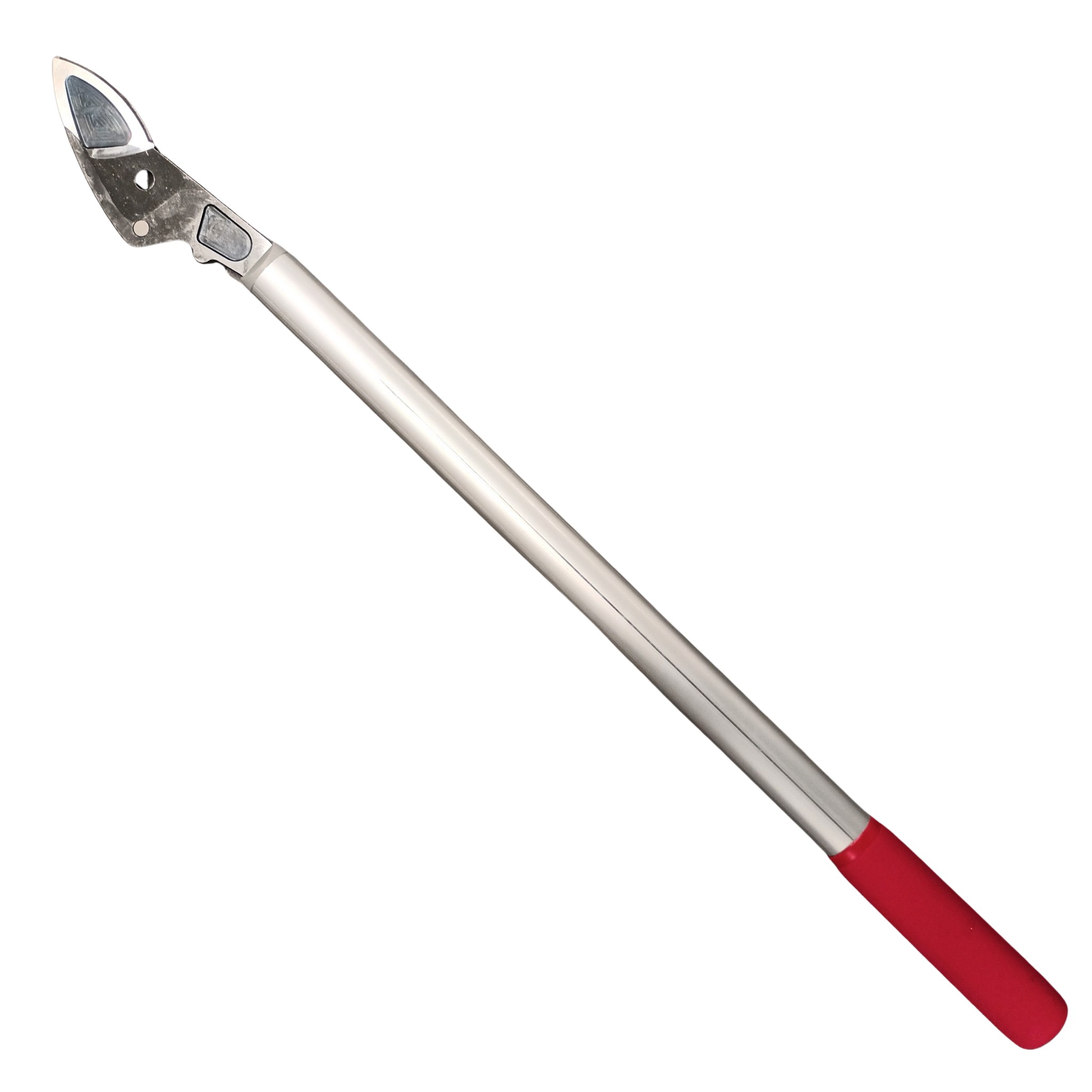  Pitkäkahvaiset oksaleikkurit, joissa kaareva terä ja alumiinivarret, joiden päissä punaiset kahvaosat 