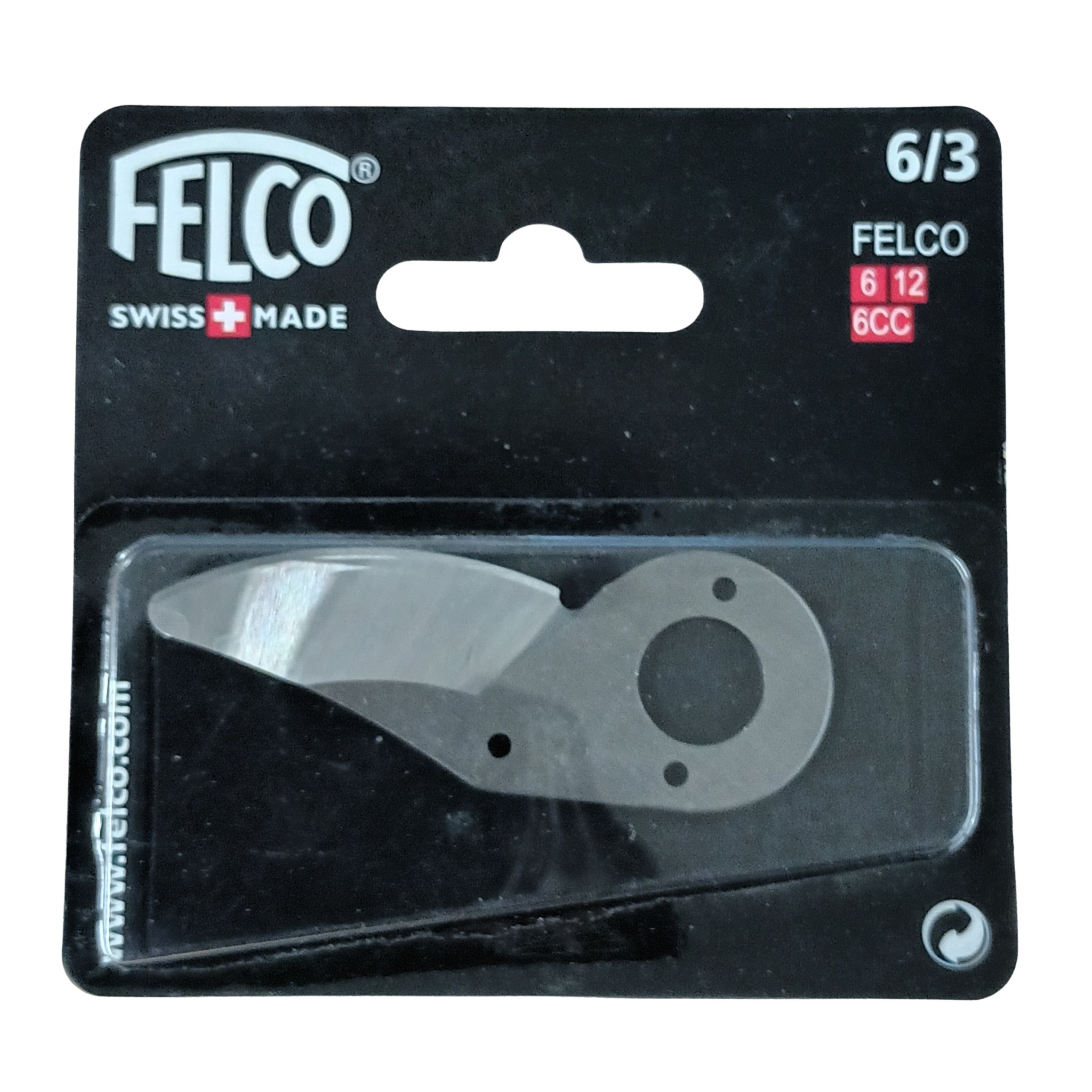  Varaosa leikkuuterä mustalla taustapahvilla, jonka vasemmassa ylänurkassa Felcon logo valkoisella tekstillä. 