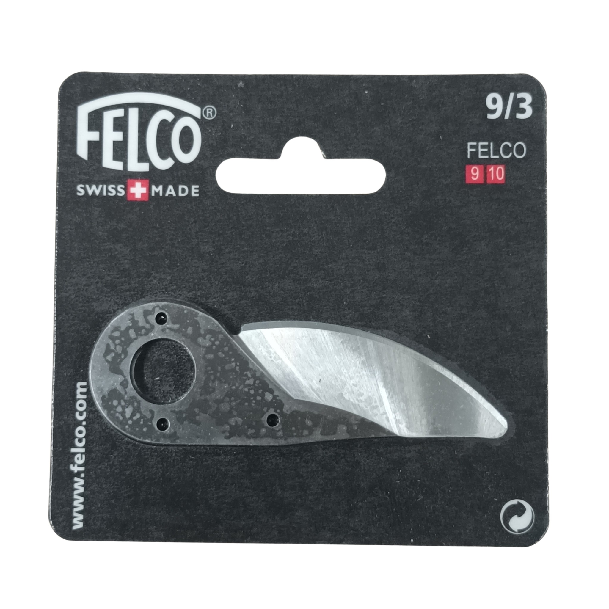  Varaosa leikkuuterä mustalla taustapahvilla, jonka vasemmassa ylänurkassa Felcon logo valkoisella tekstillä. 