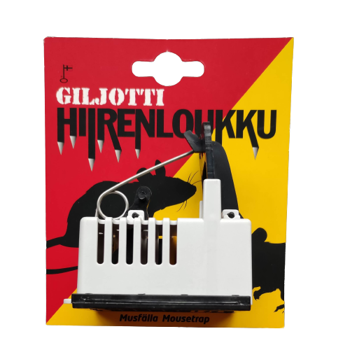  Puna-keltaisessa etikettipahvissa musta-harmaa giljotiini-mallinen hiiripyydys 