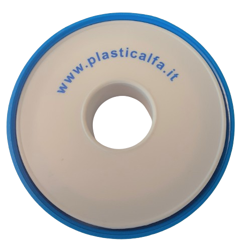  Valkoinen pyöreä teippikotelo, jossa siniset reunat. 