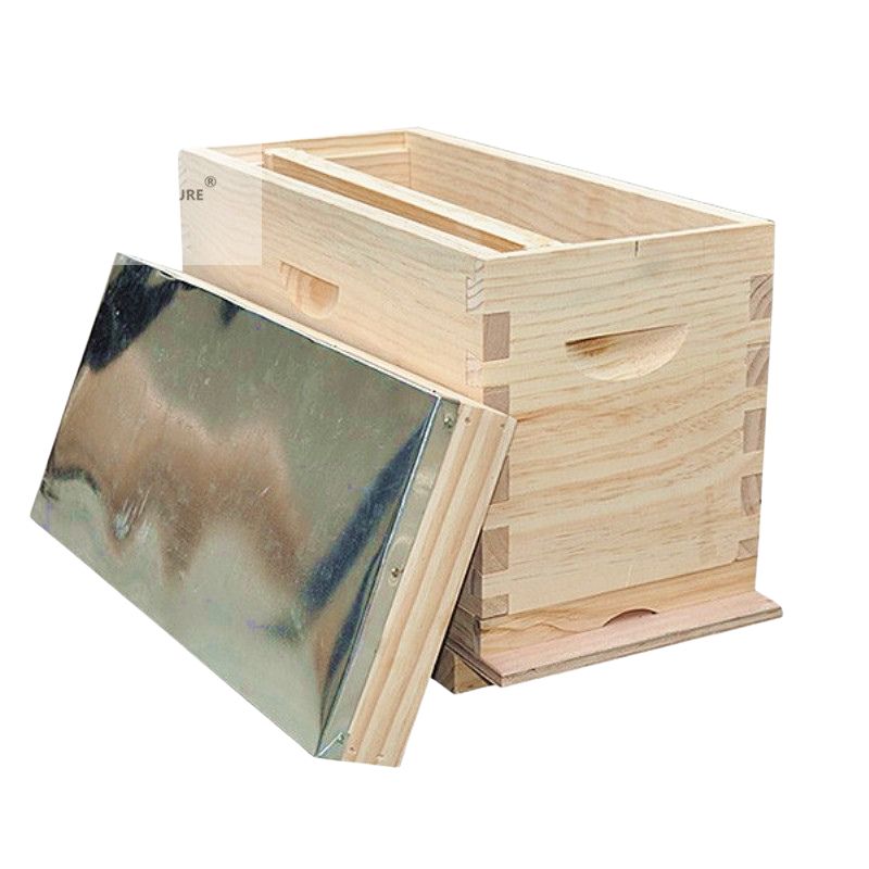  Kapea puinen mehiläispesäosasto, metallipäällysteinen kansi vieressä 